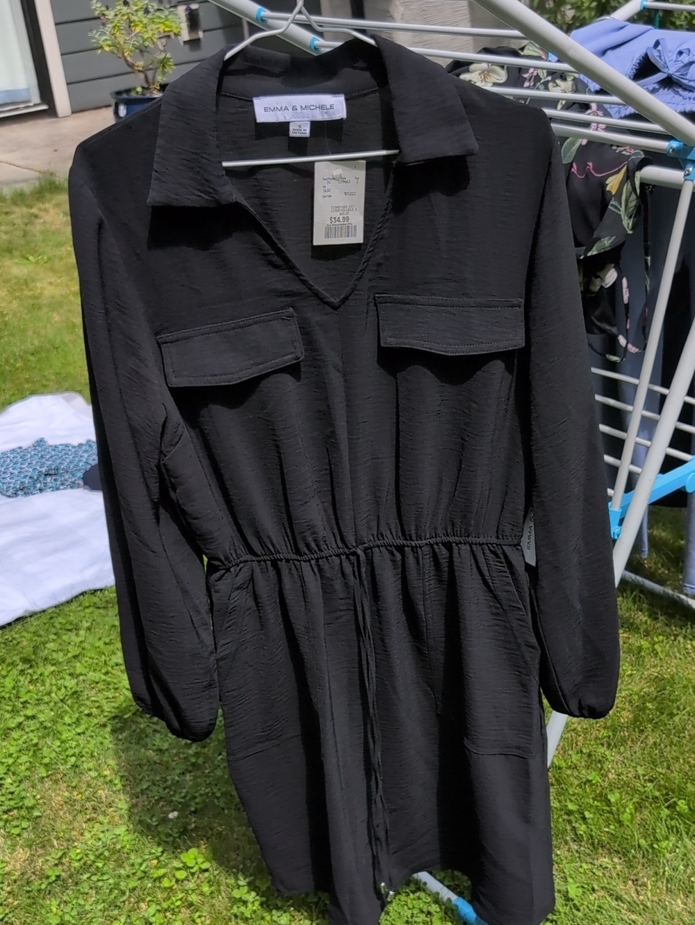 NWT Emma & Michele Black Textured V-Neck Shirt Dress S